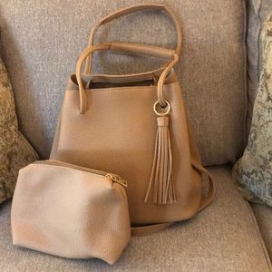 Tan Drawstring Bucket Bag with Cosmetics Bag
